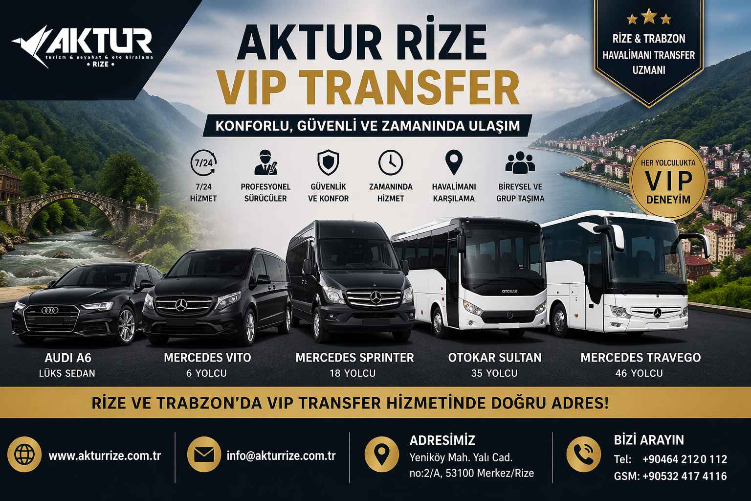 Aktur Rize VIP Transfer lüks araç filosu ile Rize Artvin Havalimanı ve Trabzon Havalimanı özel şoförlü transfer hizmeti
